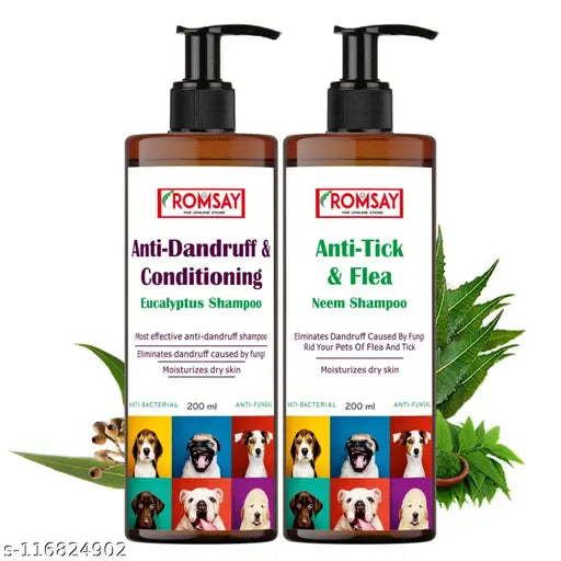 ROMSAY Anti-Tick & Flea Shampoo (200ML) + Anti-Dandruff & Conditioning (200ML) - MaePaws
