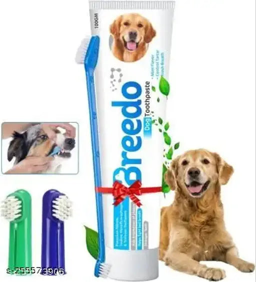 Breedo Cool Mint Toothpaste & 3Pcs Pet Toothbrush Combo – 100g | Dog Toothbrush