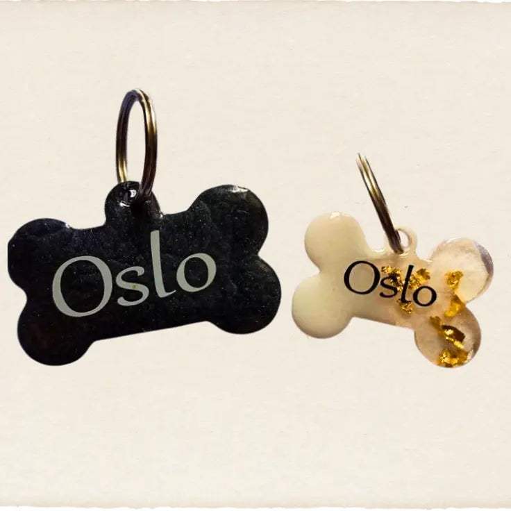 Bone-Shaped UV Resin Dog Tags – Black Marble & Silver - MaePaws