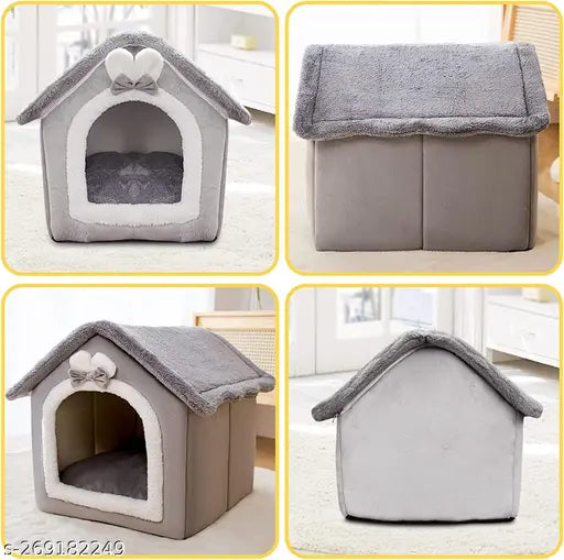 Cat Cave Bed – Warm & Cozy Plush Cat Igloo | Foldable, Washable & Comfortable Pet House with Nonskid Bottom (Small, Grey Rabbit)