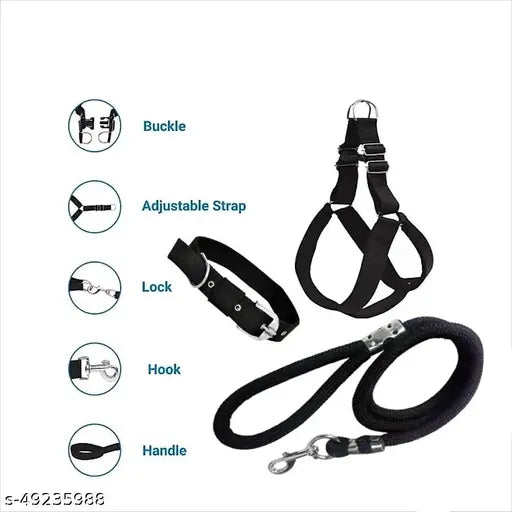 Dog Combo Pack – Harness, Collar & Leash Set (Black, Medium)